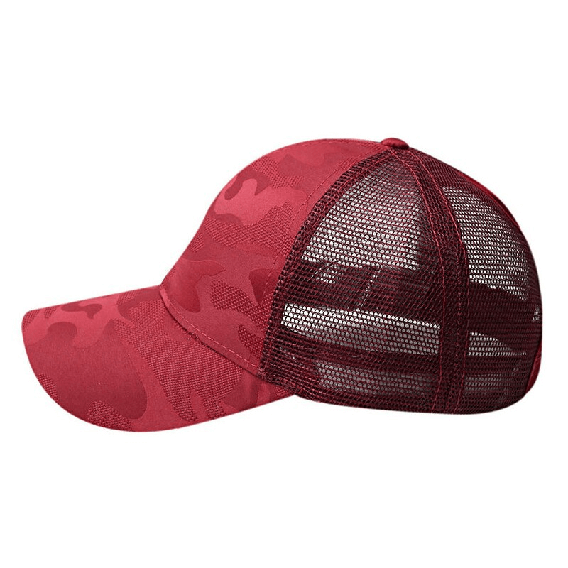Red camo ponytail baseball cap with breathable mesh back and adjustable snapback for outdoor sports enthusiasts.